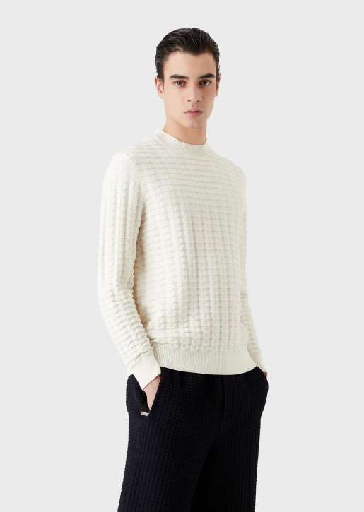 Men 086V1241 Textured Jumper With All-Over 3D-Effect Pattern Armani White