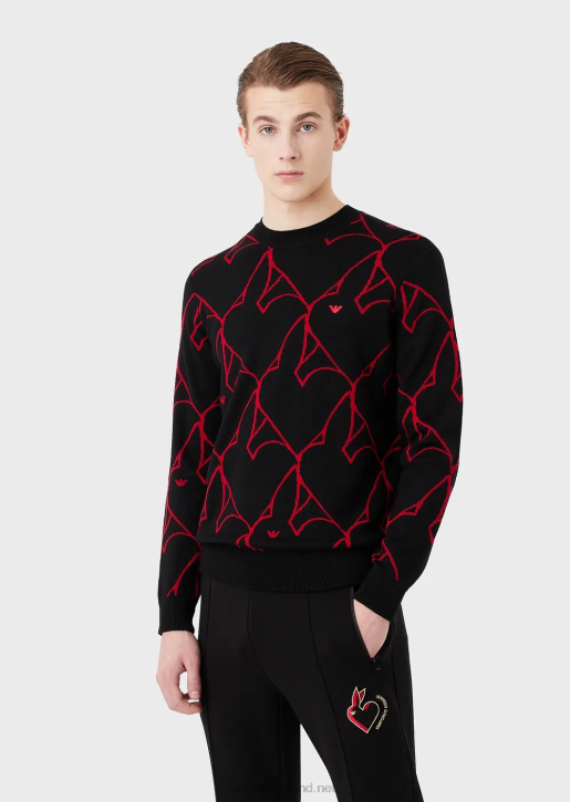 Men 086V1248 Virgin-Wool Jumper With Jacquard All-Over Rabbit Logo Armani Black