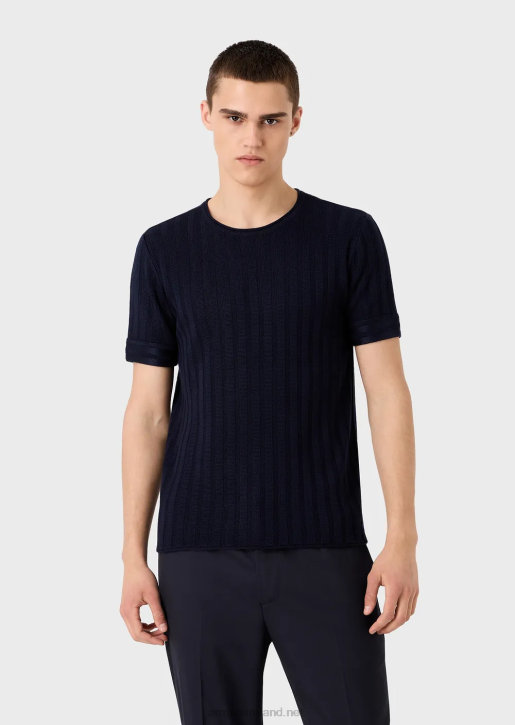 Men 086V1251 Ribbed And Tuck-Stitch Wool And Lyocell Blend Jumper Armani Navy Blue