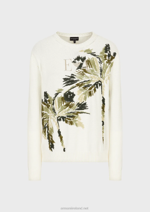 Men 086V1254 Plain-Knit Knit Jumper With Palm Tree Embroidery Armani Milky White