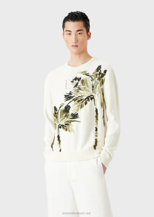 Men 086V1254 Plain-Knit Knit Jumper With Palm Tree Embroidery Armani Milky White