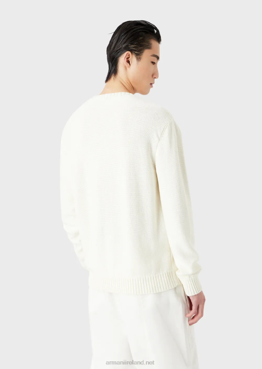 Men 086V1254 Plain-Knit Knit Jumper With Palm Tree Embroidery Armani Milky White