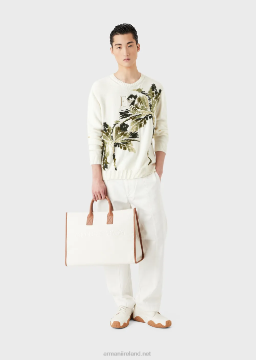 Men 086V1254 Plain-Knit Knit Jumper With Palm Tree Embroidery Armani Milky White