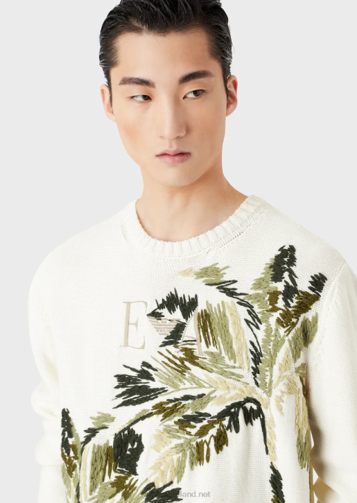 Men 086V1254 Plain-Knit Knit Jumper With Palm Tree Embroidery Armani Milky White