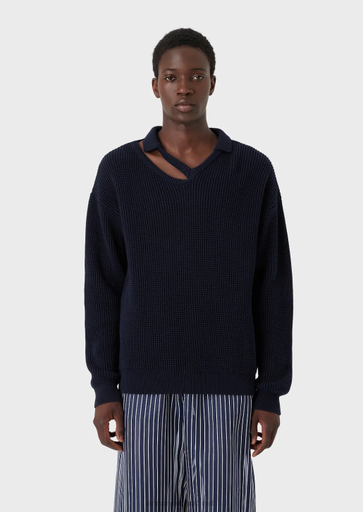 Men 086V1257 English Rib-Knit Jumper With Peephole On Shoulder Armani Blue