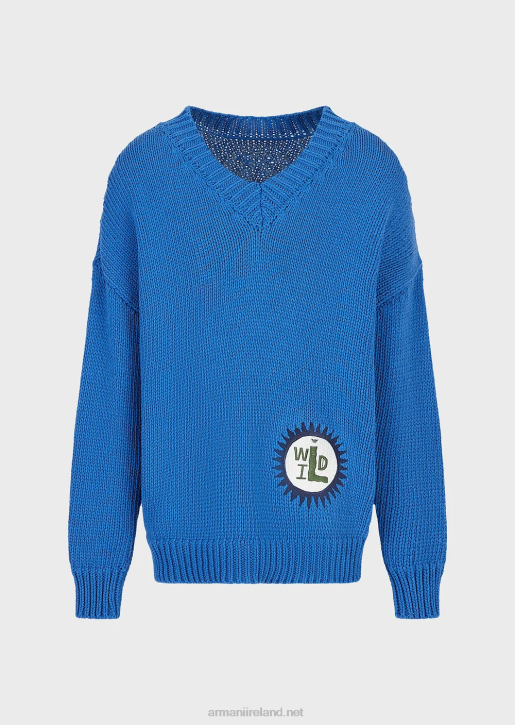 Men 086V1258 Sustainable Collection Oversized V-Neck Recycled Cotton-Blend Jumper With A Patch Armani Electric Blue
