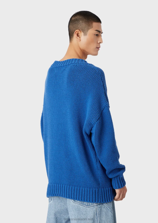 Men 086V1258 Sustainable Collection Oversized V-Neck Recycled Cotton-Blend Jumper With A Patch Armani Electric Blue