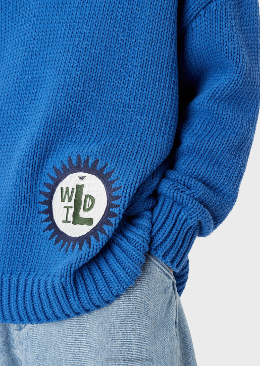 Men 086V1258 Sustainable Collection Oversized V-Neck Recycled Cotton-Blend Jumper With A Patch Armani Electric Blue