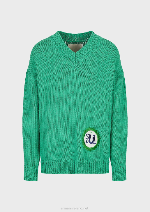 Men 086V1259 Sustainable Collection Oversized V-Neck Recycled Cotton-Blend Jumper With A Patch Armani Green