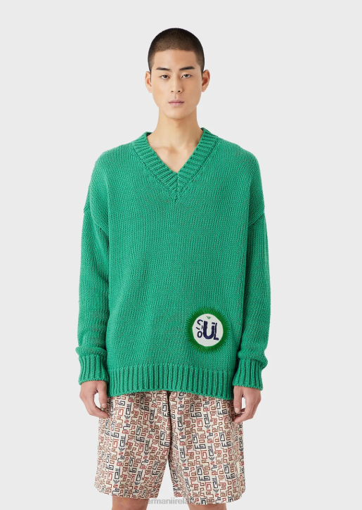 Men 086V1259 Sustainable Collection Oversized V-Neck Recycled Cotton-Blend Jumper With A Patch Armani Green