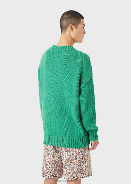 Men 086V1259 Sustainable Collection Oversized V-Neck Recycled Cotton-Blend Jumper With A Patch Armani Green