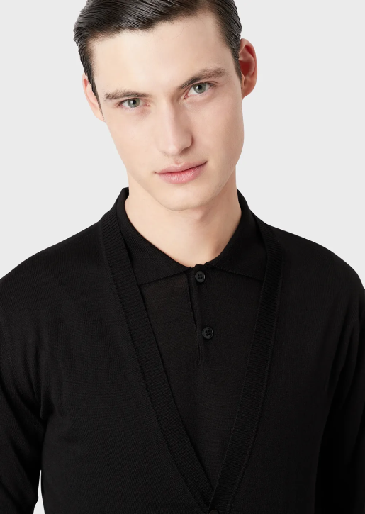 Men 086V1280 Plain-Knit, Virgin-Wool V-Neck Cardigan Armani Black