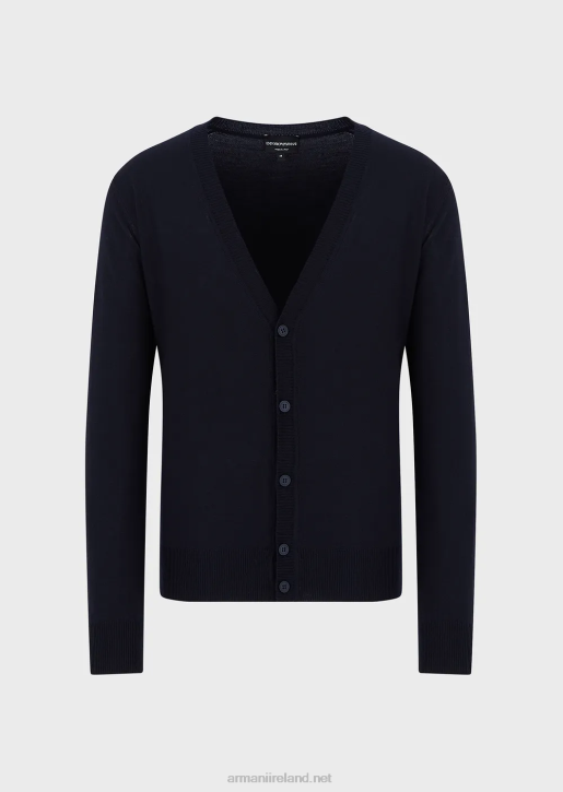 Men 086V1281 Plain-Knit, Virgin-Wool V-Neck Cardigan Armani Navy Blue
