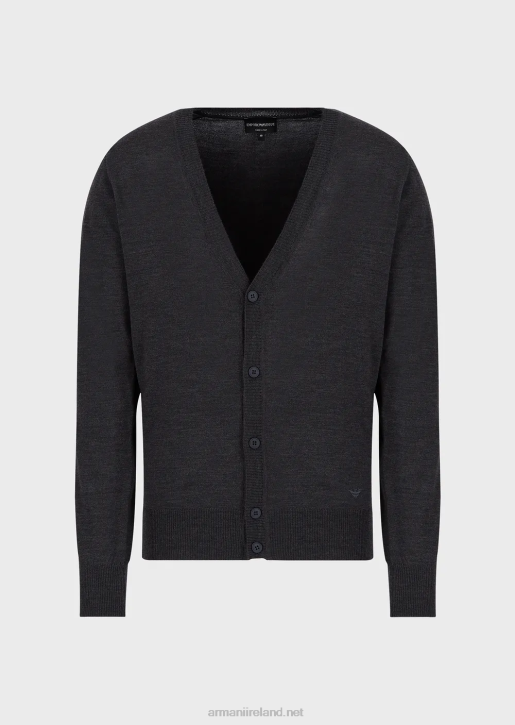 Men 086V1282 Plain-Knit, Virgin-Wool V-Neck Cardigan Armani Dark Gray