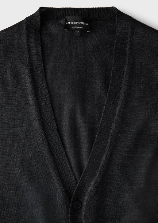 Men 086V1282 Plain-Knit, Virgin-Wool V-Neck Cardigan Armani Dark Gray