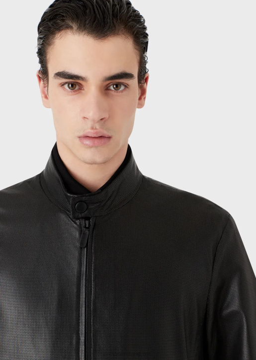 Men 086V1287 Zipped Blouson In Micro-Perforated Lambskin Nappa Leather Armani Black