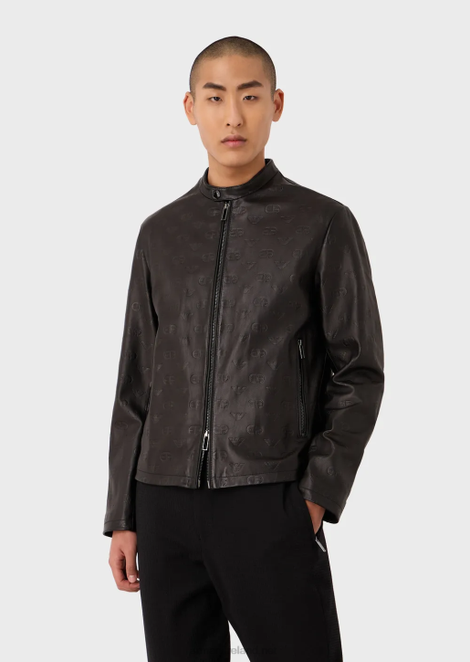 Men 086V1288 All-Over Embossed Ea Logo Nappa Lambskin Zip-Up Jacket Armani Black