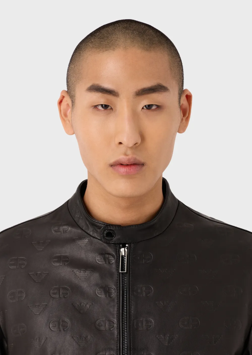 Men 086V1288 All-Over Embossed Ea Logo Nappa Lambskin Zip-Up Jacket Armani Black