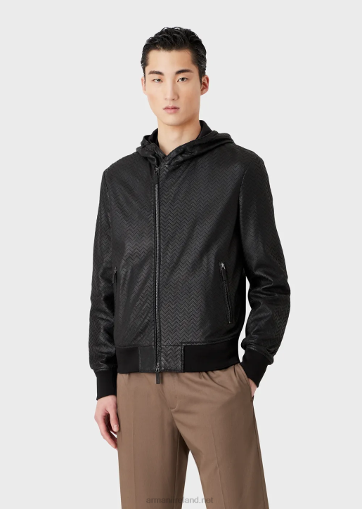 Men 086V1290 Nappa-Lambskin Hooded Jacket With Chevron Cut-Out Effect Armani
