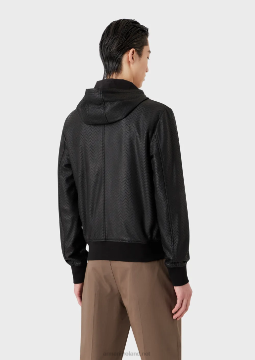 Men 086V1290 Nappa-Lambskin Hooded Jacket With Chevron Cut-Out Effect Armani