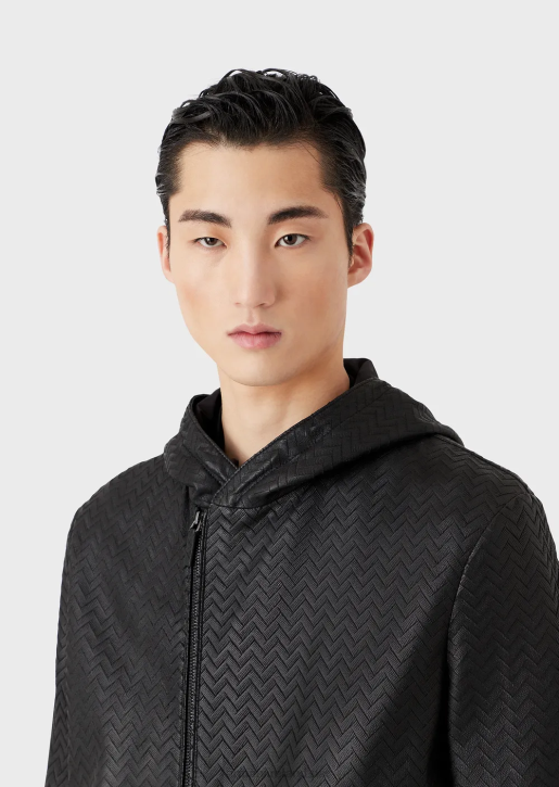 Men 086V1290 Nappa-Lambskin Hooded Jacket With Chevron Cut-Out Effect Armani