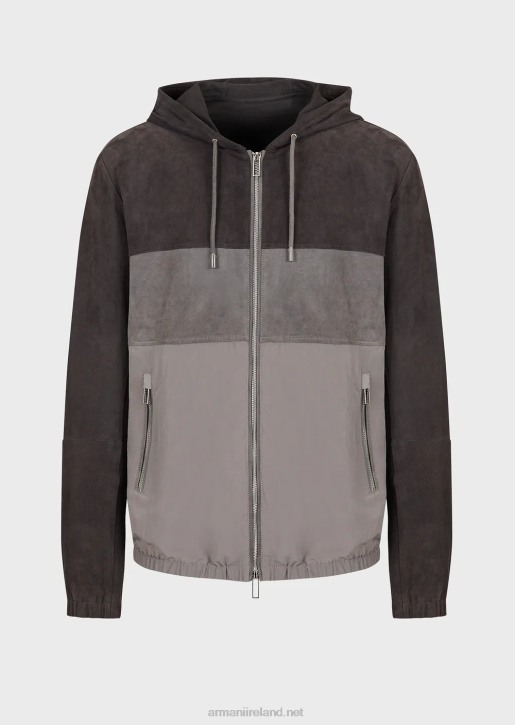 Men 086V1295 Hooded Blouson In Wavy Technical Nylon And Suede Armani Gray