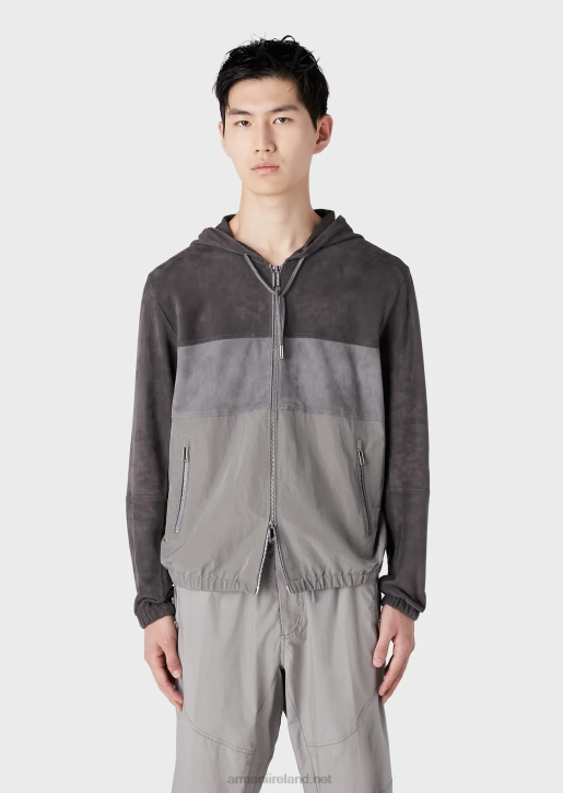 Men 086V1295 Hooded Blouson In Wavy Technical Nylon And Suede Armani Gray