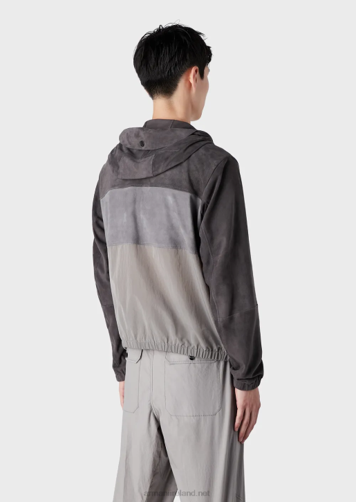 Men 086V1295 Hooded Blouson In Wavy Technical Nylon And Suede Armani Gray