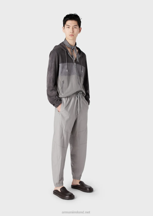 Men 086V1295 Hooded Blouson In Wavy Technical Nylon And Suede Armani Gray