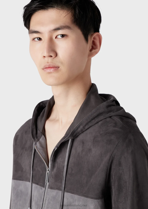Men 086V1295 Hooded Blouson In Wavy Technical Nylon And Suede Armani Gray