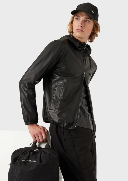 Men 086V1296 Hooded, Semi-Aniline Nappa Lambskin Blouson With Full-Length Zip Armani Black
