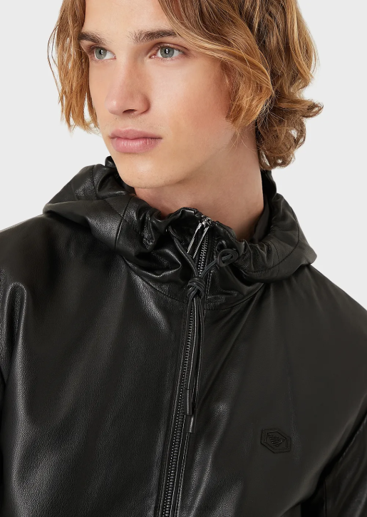 Men 086V1296 Hooded, Semi-Aniline Nappa Lambskin Blouson With Full-Length Zip Armani Black
