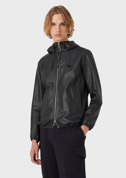Men 086V1297 Hooded, Semi-Aniline Nappa Lambskin Blouson With Full-Length Zip Armani Navy Blue