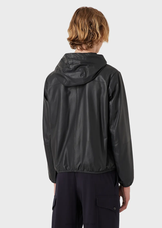 Men 086V1297 Hooded, Semi-Aniline Nappa Lambskin Blouson With Full-Length Zip Armani Navy Blue