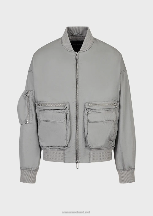 Men 086V1303 Pima Poplin Multi-Pocket Bomber Jacket Armani Light Gray