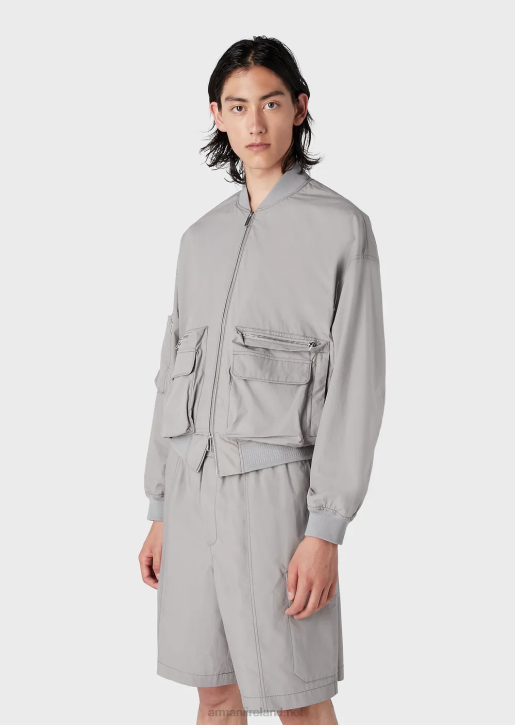Men 086V1303 Pima Poplin Multi-Pocket Bomber Jacket Armani Light Gray