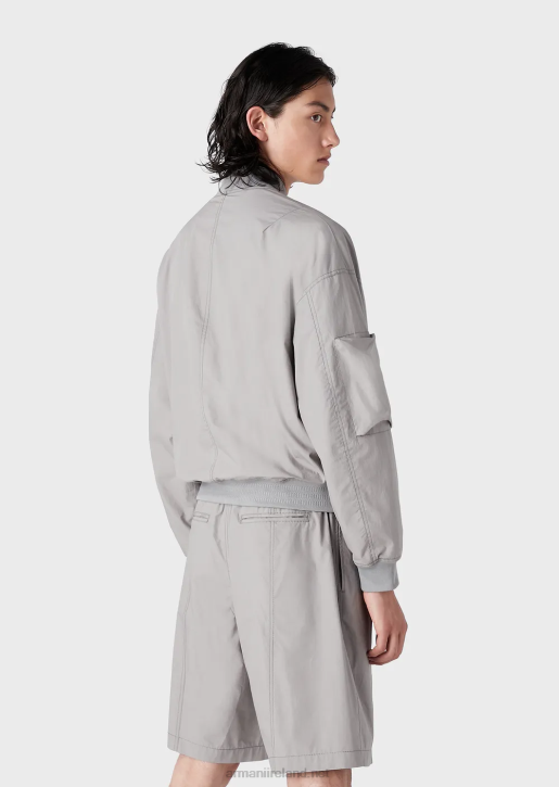 Men 086V1303 Pima Poplin Multi-Pocket Bomber Jacket Armani Light Gray
