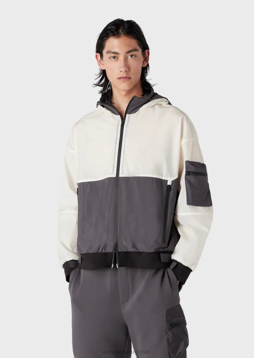 Men 086V1306 Travel Essentials Ripstop Nylon Hooded Blouson With A Crisp Feel Armani White