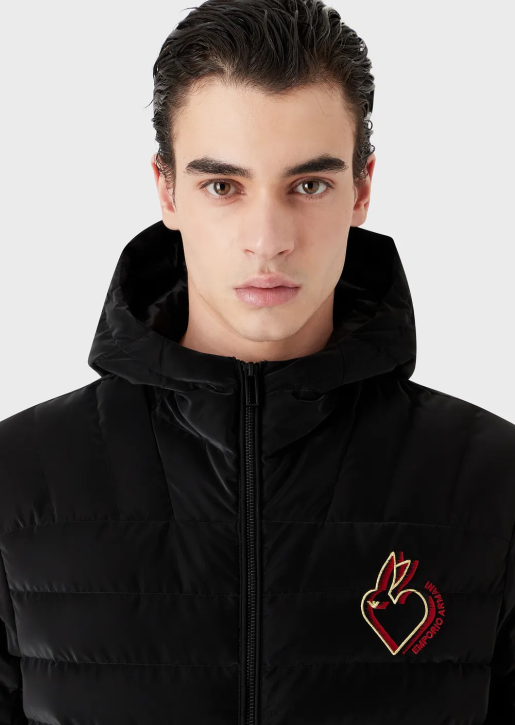 Men 086V1313 Quilted Nylon Down Jacket With Hood Armani Black