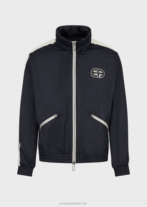 Men 086V1315 Full-Zip, Hooded Blouson In Recycled Nylon With Ea Patch And Stripes Armani Navy Blue