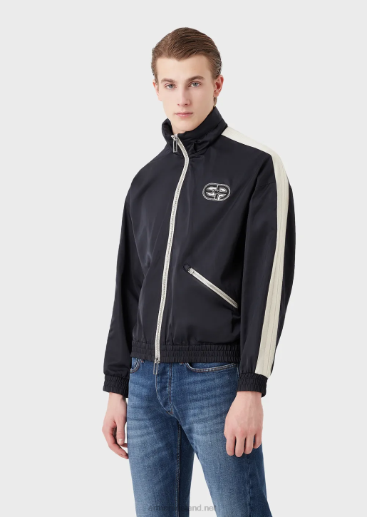 Men 086V1315 Full-Zip, Hooded Blouson In Recycled Nylon With Ea Patch And Stripes Armani Navy Blue