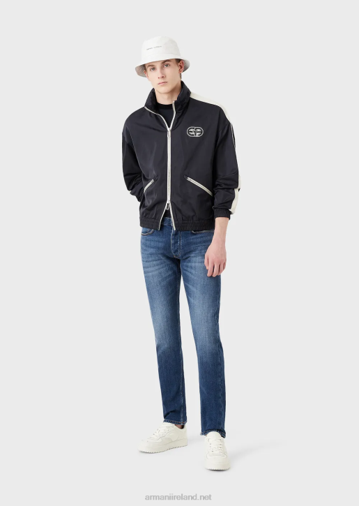 Men 086V1315 Full-Zip, Hooded Blouson In Recycled Nylon With Ea Patch And Stripes Armani Navy Blue