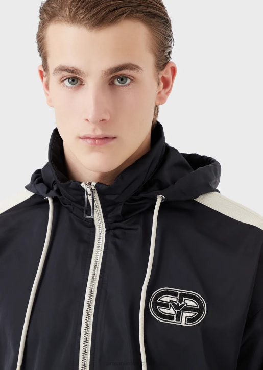 Men 086V1315 Full-Zip, Hooded Blouson In Recycled Nylon With Ea Patch And Stripes Armani Navy Blue