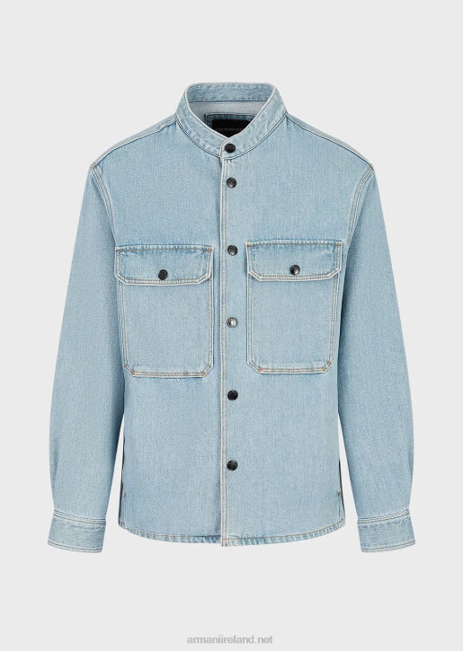 Men 086V1319 Hemp-Blend Denim Jacket With Nehru Collar Armani Light Blue