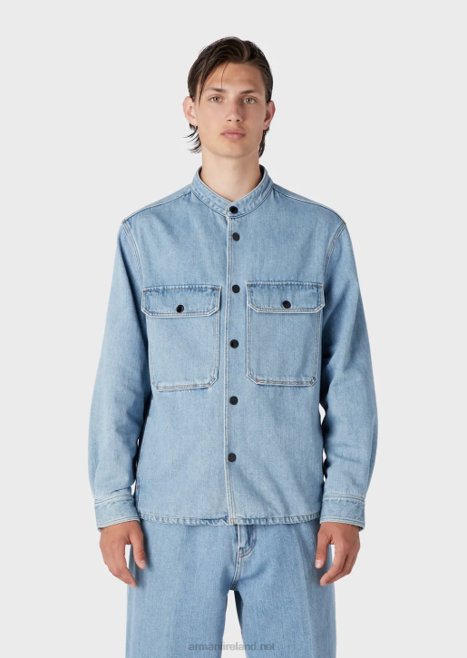 Men 086V1319 Hemp-Blend Denim Jacket With Nehru Collar Armani Light Blue