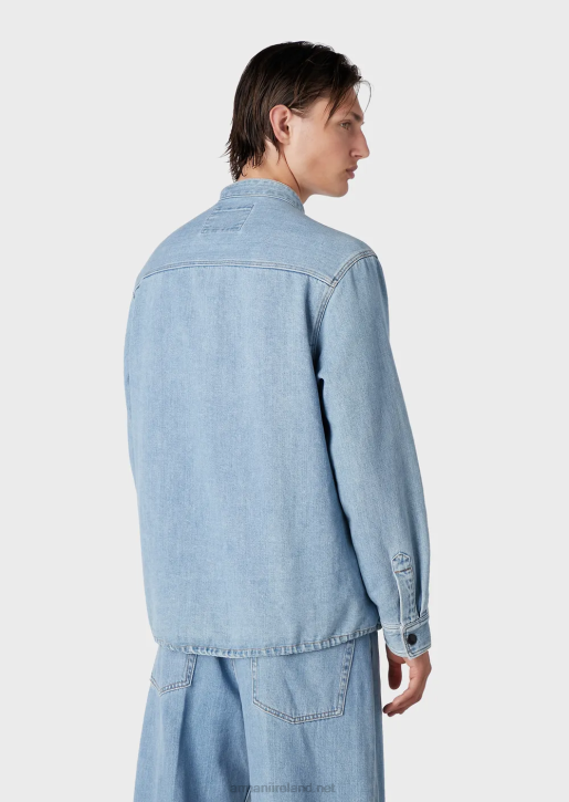 Men 086V1319 Hemp-Blend Denim Jacket With Nehru Collar Armani Light Blue
