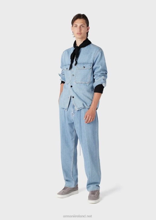 Men 086V1319 Hemp-Blend Denim Jacket With Nehru Collar Armani Light Blue