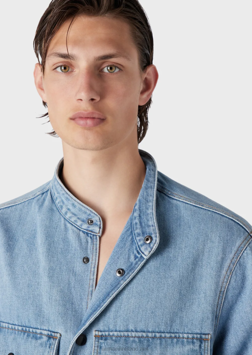 Men 086V1319 Hemp-Blend Denim Jacket With Nehru Collar Armani Light Blue