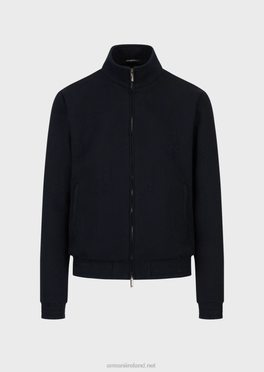 Men 086V1320 Embossed All-Over Eagle Jersey Full-Zip Blouson Armani Navy Blue