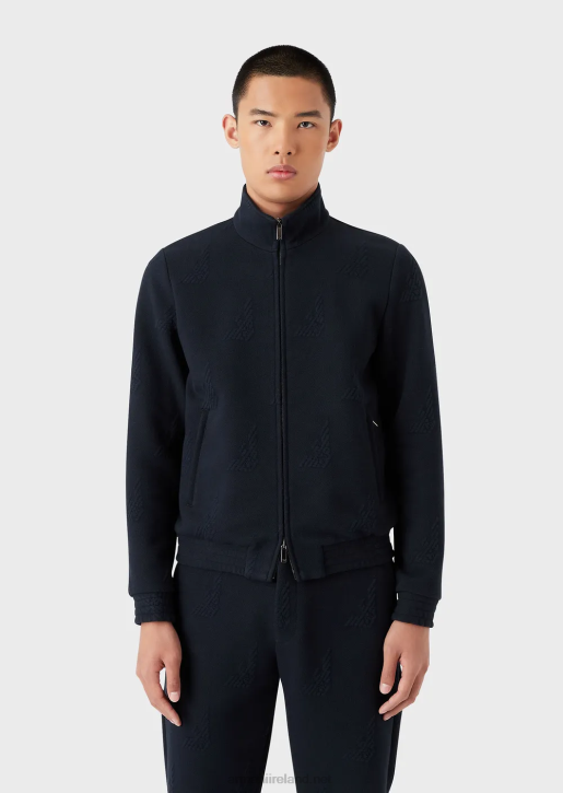 Men 086V1320 Embossed All-Over Eagle Jersey Full-Zip Blouson Armani Navy Blue